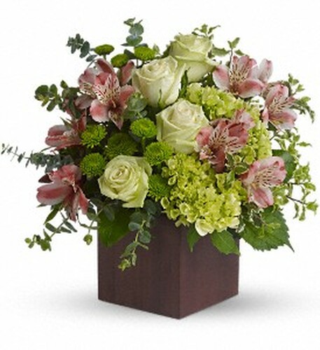Tuscan morning showcases green roses, mini hydrangea, chrysanthemums, pink alstroemeria, eucalyptus and pitta negra in Rockville MD, Palace Florists