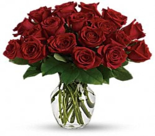 25 short stemmed gorgeous red roses tightly designed in a vase with foliage in Washington DC and Rockville MD, Palace Florists